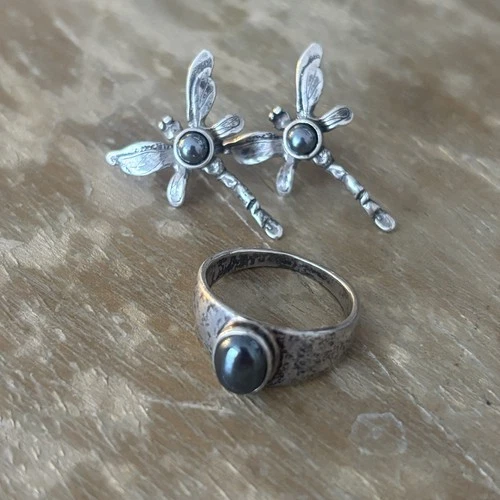 Vintage 925 Dragon Fly Earrings And Ring Set Hematite Stone