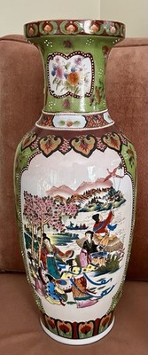 Chinese Export 70 s Porcelain Floor Vase. 24  Tall Hand Painted Pottery