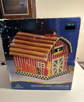 Holiday Time, Dolomite Barn Cookie Jar, Featuring Hand Painted Ceramic Design