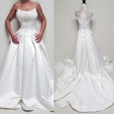 Vintage Mon Cheri Pearl Satin Crystal Corset A-line Royal Train Wedding Dress