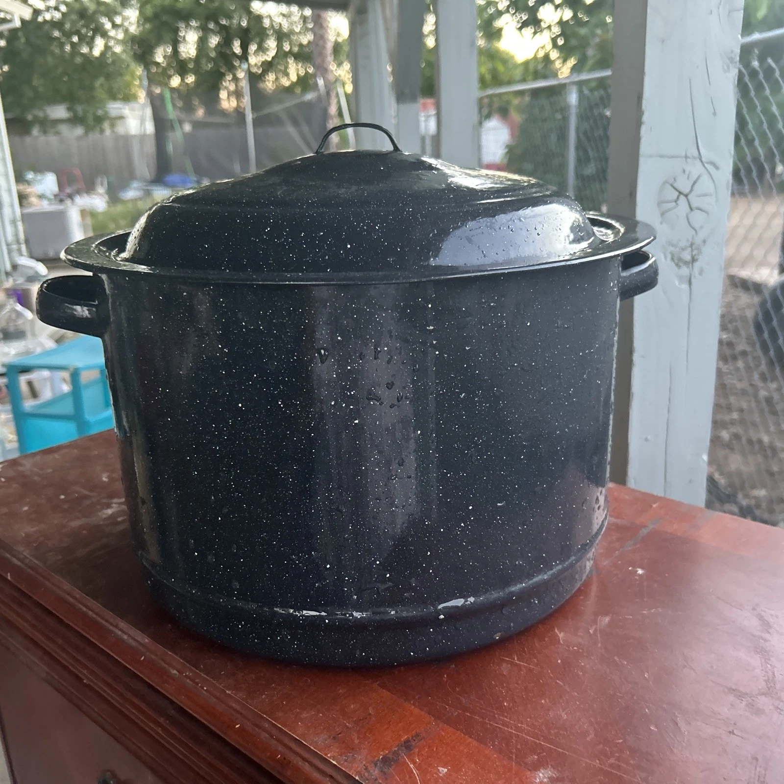 Vintage LOBSTER POT Black Graniteware Kettle Speckled Enamel Metal Stockpot 2 PC