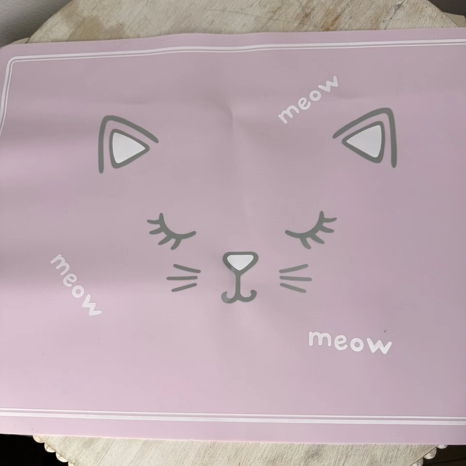 Pottery Barn Kids Baby Girl Set 3 Bib Plate Mat And Teething - Pink Cat - Image 2 of 4