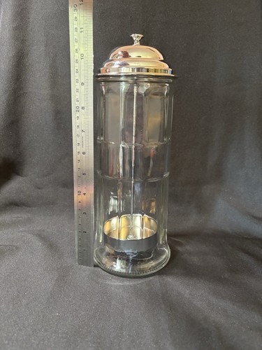 Straw Dispenser 11 Inch Vintage Heavy TableCraft Paneled Clear Glass Metal Lift - Picture 3 of 5