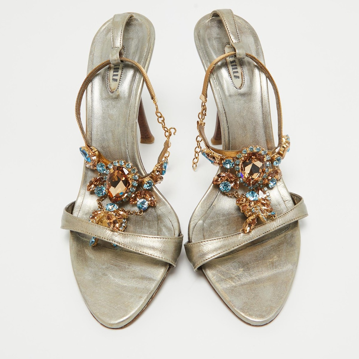 Le Silla Metallic Leather Crystal Embellished Ankle Strap