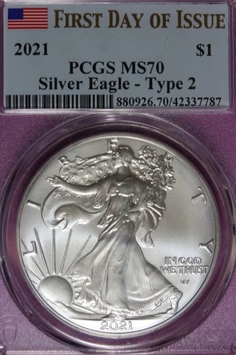 2021 PCGS MS70 TYPE 2 FIRST DAY OF ISSUE AMERICAN SILVER EAGLE #B51981