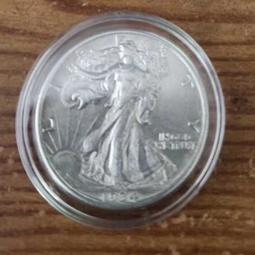 1934 p high grade (AU/BU) silver Walking liberty half dollar in acrylic capsule