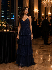 Womens Navy Blue Glitter Tiered Maxi Dress Spaghetti Strap V-Neck Evening Gown 4