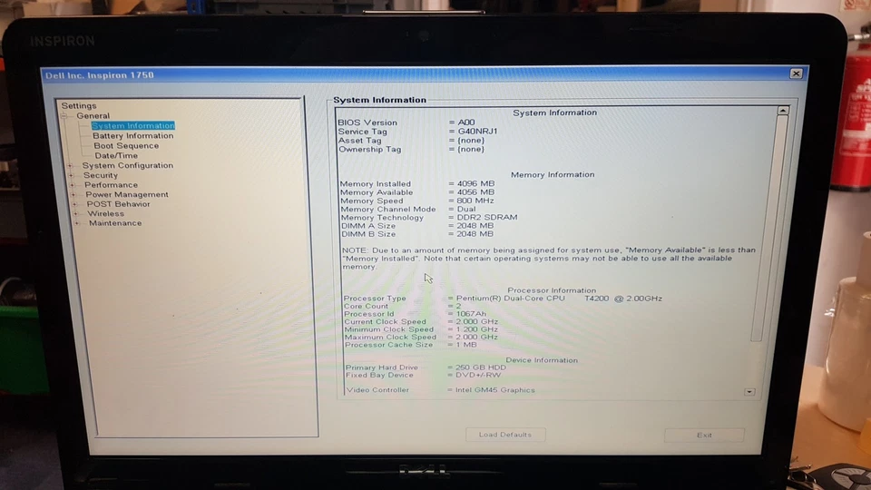 Dell Inspiron 1750 17.3" Laptop Intel Pentium Dual Core T4200 4GB 250GB, NO OS - Image 2 of 4