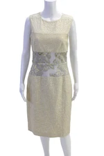Rickie Freeman Teri Jon Womens Sleeveless Metallic Knit Dress Gold White Size 8