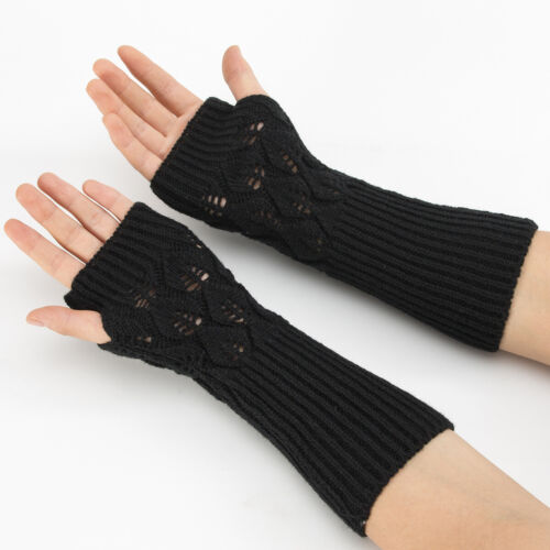 Womens Long Half Finger Fingerless Gloves Arm Hand Warmer Knitted Mittens Winter - Picture 8 of 31