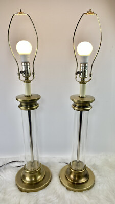 Vintage Restoration Hardware Inspired Column Brass Glass Table Lamps *PAIR*