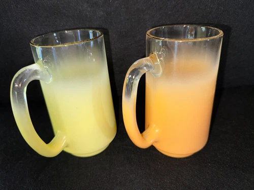 Vintage Frosted Blendo Tall 5.5" Glass Mugs with Handle and Gold Rim Set of 2