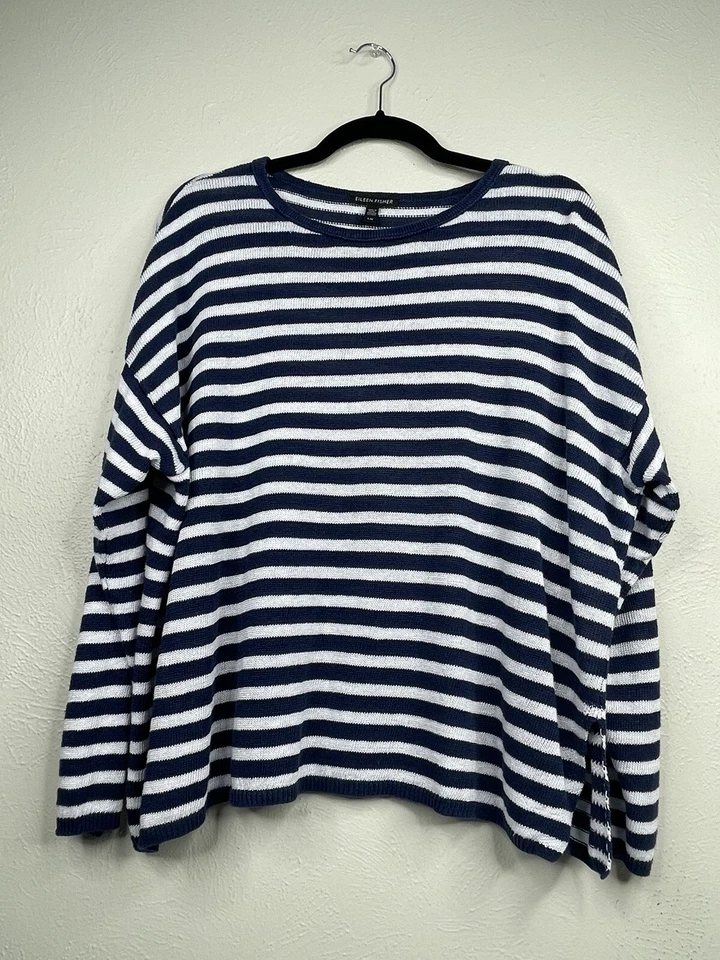 Eileen Fisher Organic Cotton Striped Navy Sweater Nautical Summer Cruise Blue L - Image 2 of 4