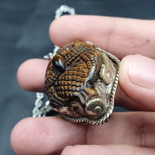 Vintage Tiger Eye Carved Owl Shape Brass Pendant With Stainless Steel - Picture 4 of 17