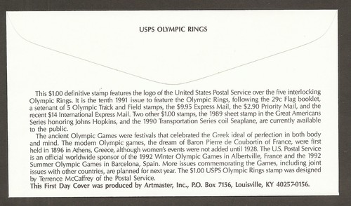 #2539 $1 Eagle & Olympic Rings - Artmaster FDCPB4 - Picture 2 of 2