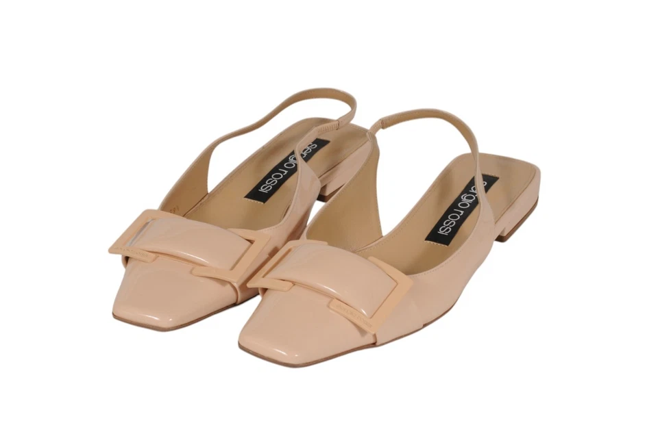 Sergio Rossi 女式肩带平底鞋 US 9.5 EU 39.5 棕褐色裸色漆皮 — 第 3/4 张图片