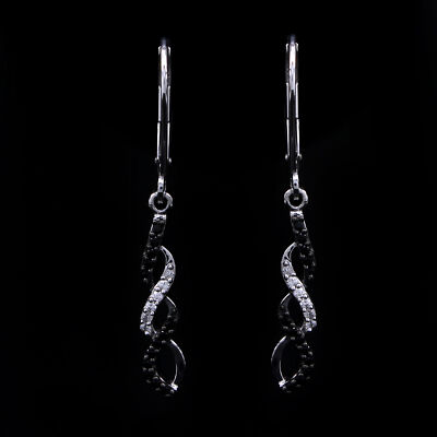 0.24ct Black & White Diamond 10K Solid White Gold Drop/Dangle Earring