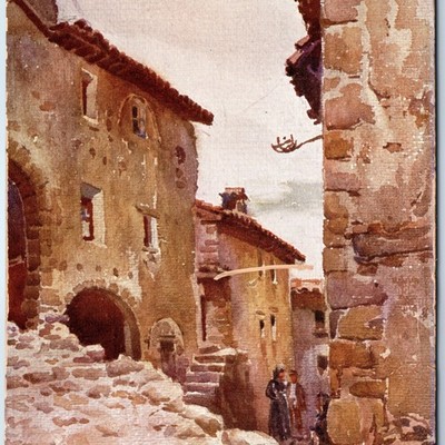 c1910s Angles, Spain Medieval Village Stone Cobblestone Alley Cataluna Art A365