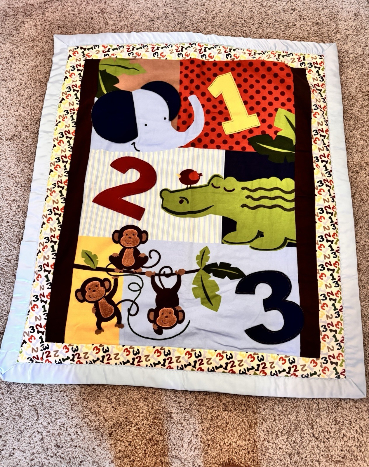 Home Sewn Baby Blanket Satin Trim. Bright, Primary Colors.