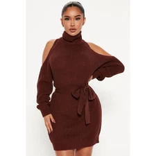 NWT Plus Size Fashion Nova Giving Cold Shoulder Sweater Dress - Brown