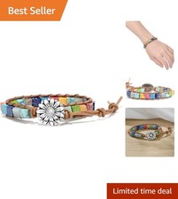 Genuine Leather Chakra Healing Bead Bracelet - Adjustable Fit  Unique Design