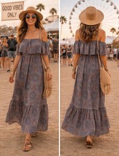 NWT World Market Boho Printed Maxi Dress Off Shoulder L/XL Boho Festival  Artsy