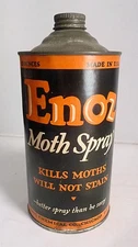 Antique Enoz Moth Spray Cone Top Tin Can, Paper Label 32 oz. VG Cond.