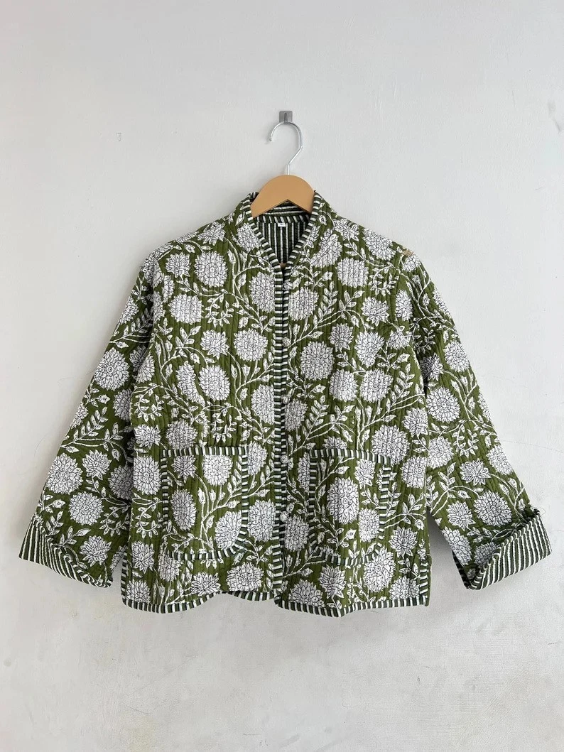 Indian Green Floral Floral Cotton Quilted Unisex Jacket Womens Clothing Jackets