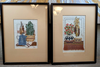 Set of 2 Vintage Cross Stitch Needlepoint Signed 1994 1995 Southwestern Decor