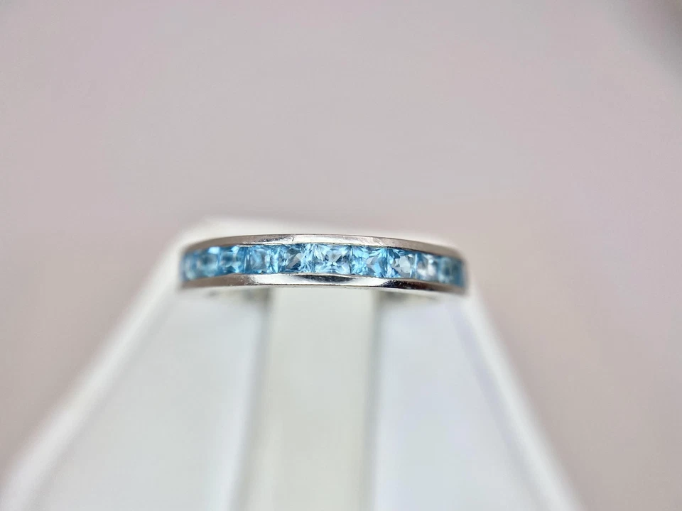 Vintage Platinum Natural Square Light Blue Topaz Channel Set Eternity Band Ring - Image 3 of 4