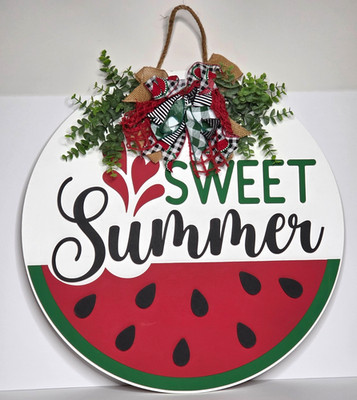SUMMER 22'' Watermelon Sweet  Summer Door Hanger Wooden Wreath w/ Bow Porch Decor