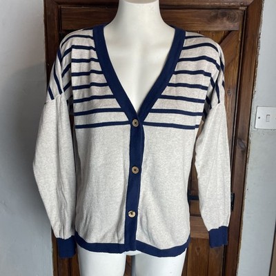 Kite Damen beige marineblau 100 % Bio-Baumwolle gestreift Oversize Strickjacke UK 8-10