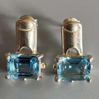 Sterling Silber 925 ausgefallene Smaragdschliff Blautopas Ohrstecker - 15,5 mm lang