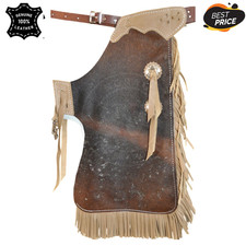 Men's Western Cowhide Leather Chaps Brown Hair On Hide Cowboy Rodeo Fringe chaps