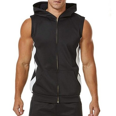 Männer Reißverschluss Spleißen Sport Kapuze Weste Bodybuilding Goldtöne Fitness Kleidung Muskulati