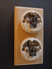 2 Gang Vertical Bakelite Switch Cream Dolly Solid Wood Base, Needs Restoration