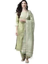 Women's Cotton Yoke Design Straight Kurta Pant with Dupatta Set