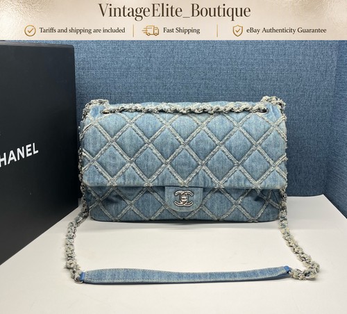 Chanel Classic Flap Large Blue Denim Silver HW Shoulder Bag Preowned Authentic