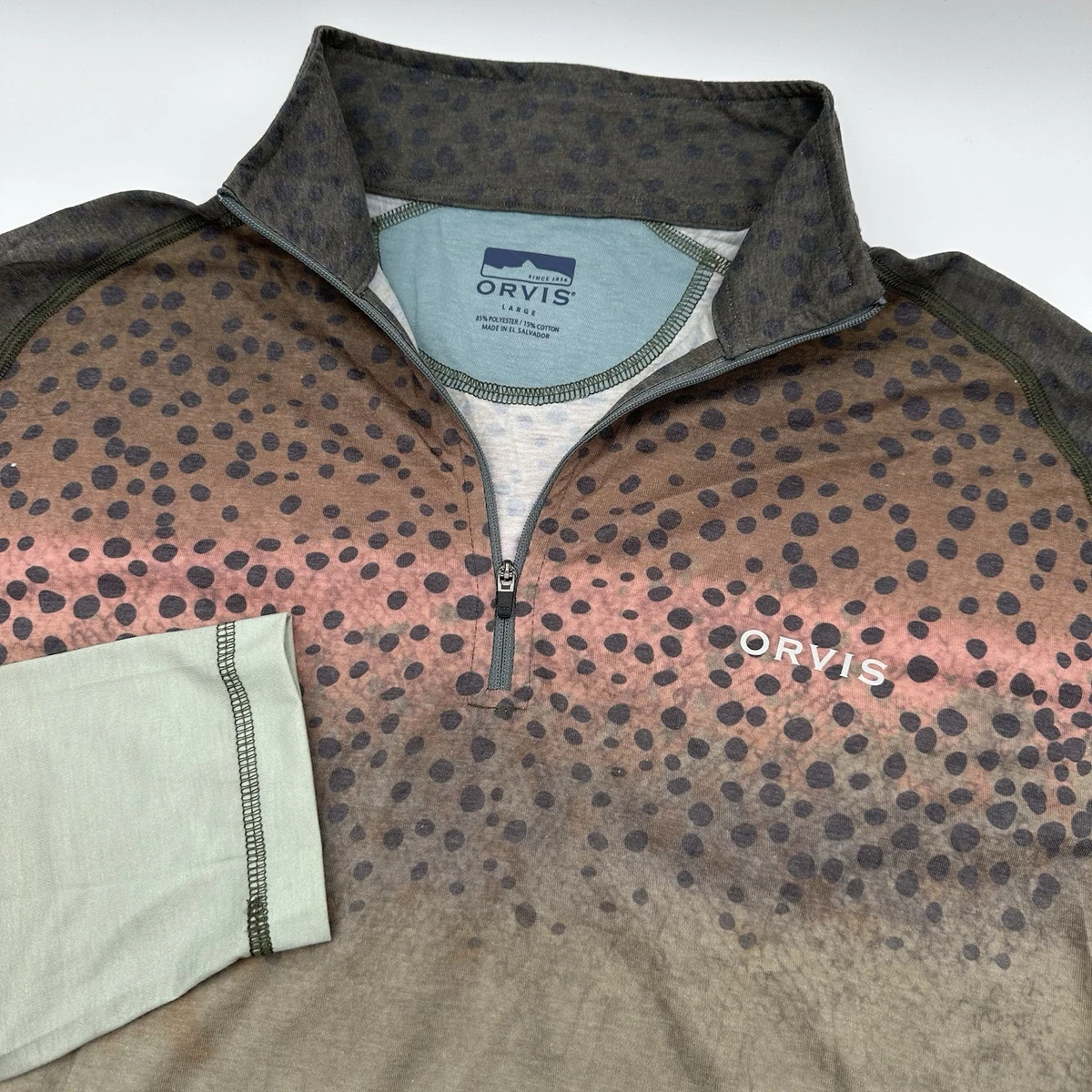 Pullover grande Orvis raro Rainbow Trout DriRelease rendimiento gráfico 1/4 cremallera