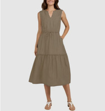 Lands' End Women's Rayon Midi Dress Tiered Elastic Waist Tan V-Neck, Large