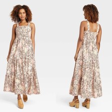 XS - Womens Sleeveless A-Line Dress - Knox Rose - Tan Floral