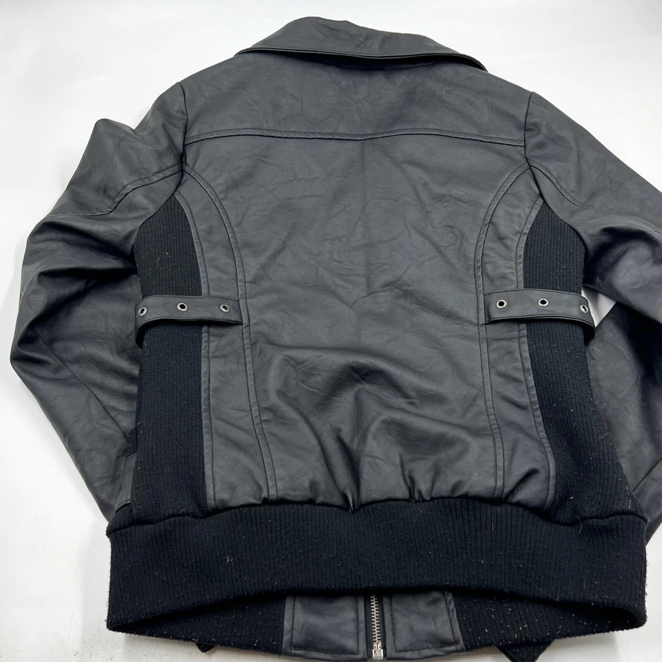 Jaqueta de couro feminina Jack zíper completo tamanho M preta poliéster motociclista comprimento médio - Imagem 4 de 4