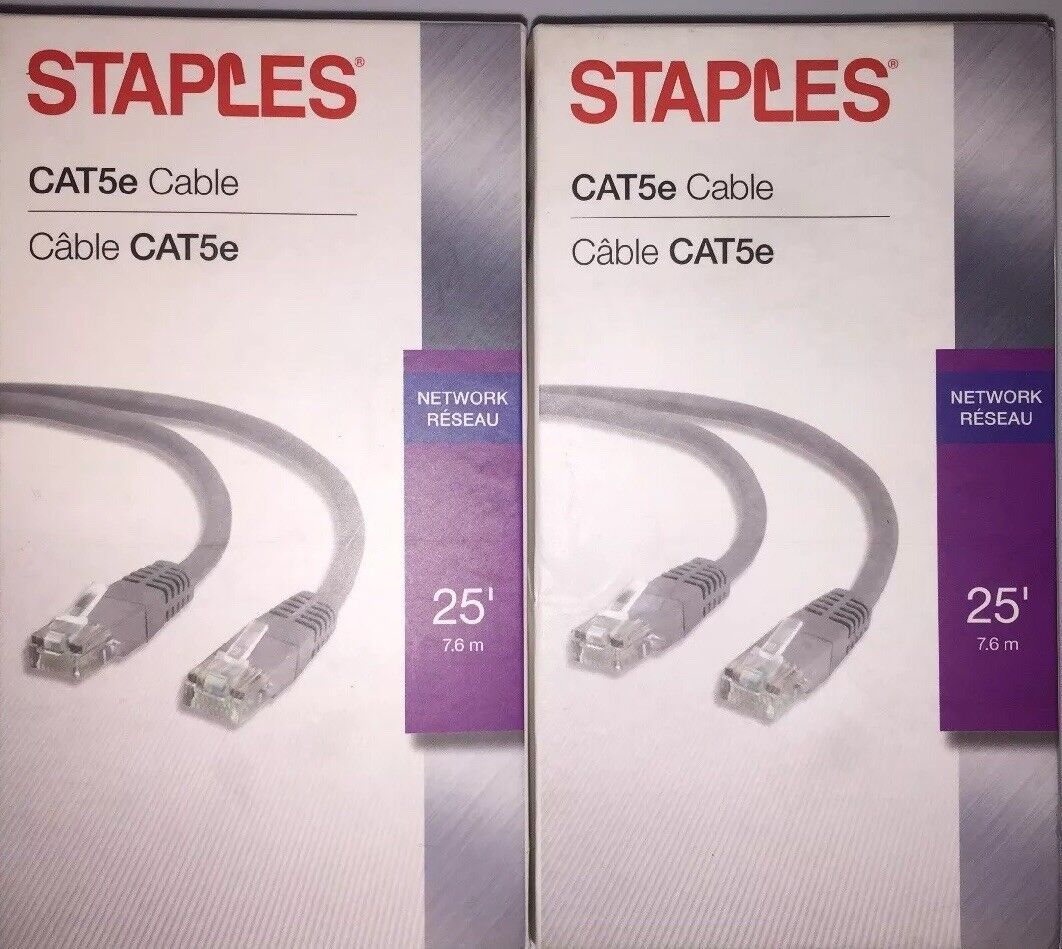 NEW SEALED ~ Staples 29756 CAT5e Network Cable, 25'  ~ Lot Of 2