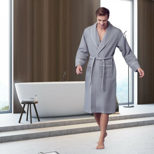 Bata de baño Lotus de lino para hombre con patrón cuadrado de gofres ropa de spa con 2 bolsillos delanteros - Imagen 33 de 95