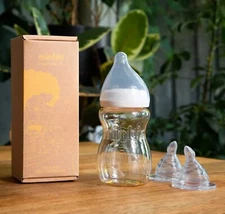 MINBIE 9oz BABY BOTTLE KIT W/TWO 6+ MONTH BREAST LIKE SILICONE TEET NIPPLES 