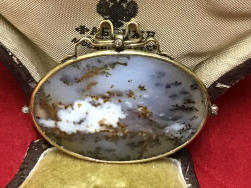 Russ Empaer Antique 56 Gold diamond and moss agate art nouveau brooch - Foto 3 di 8