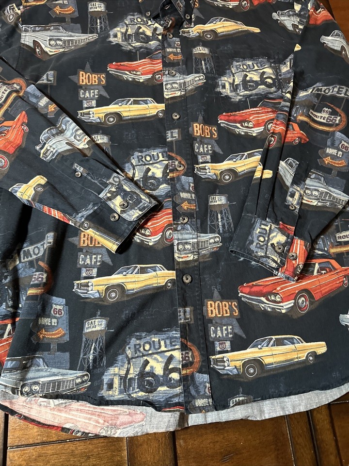 Redhead Bobs Cafe Classic Cars Route 66 Long Sleeve Button Up Shirt