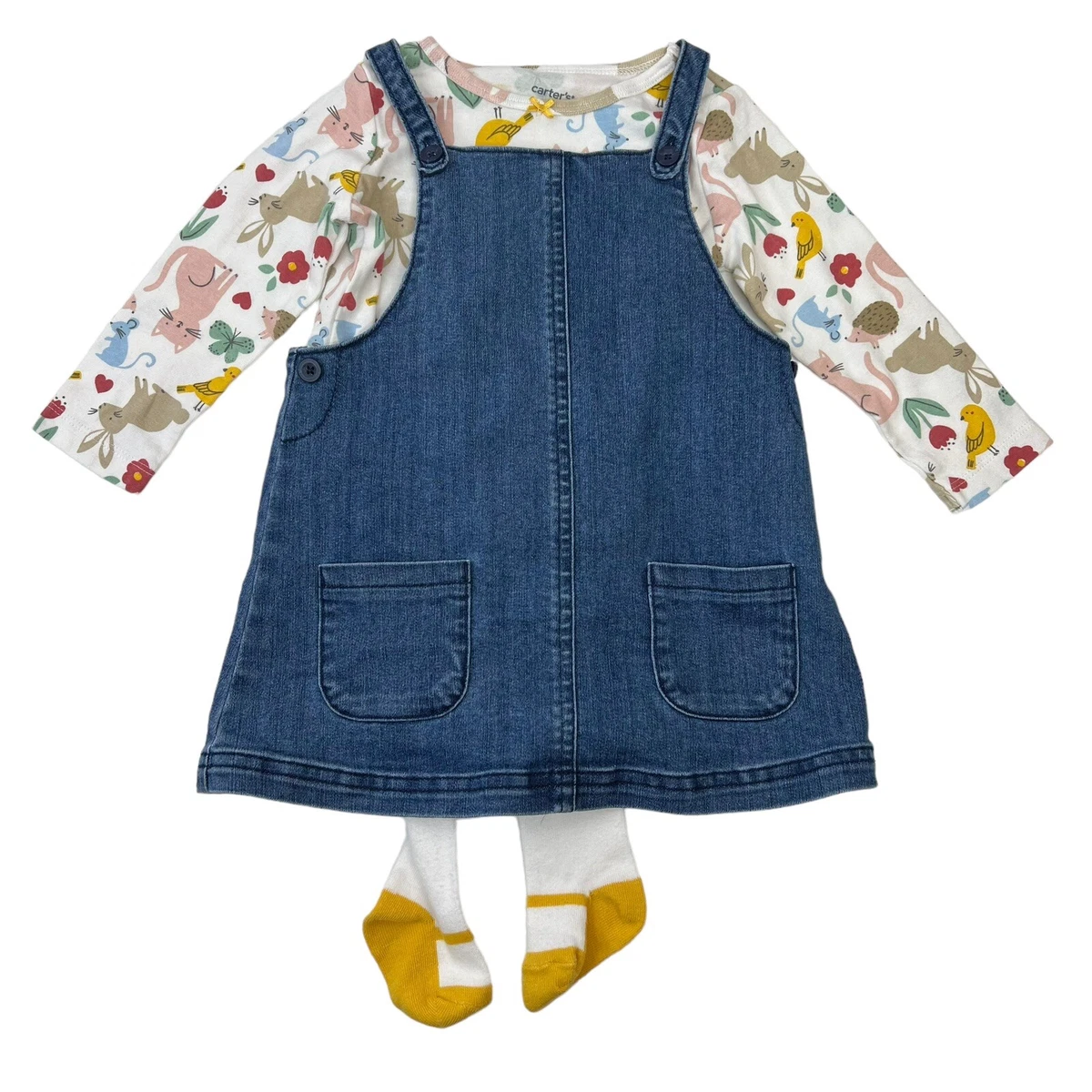 Carter s Baby Girl Size 18 M 3 Piece Tee Denim Jumper Dress Tights Set
