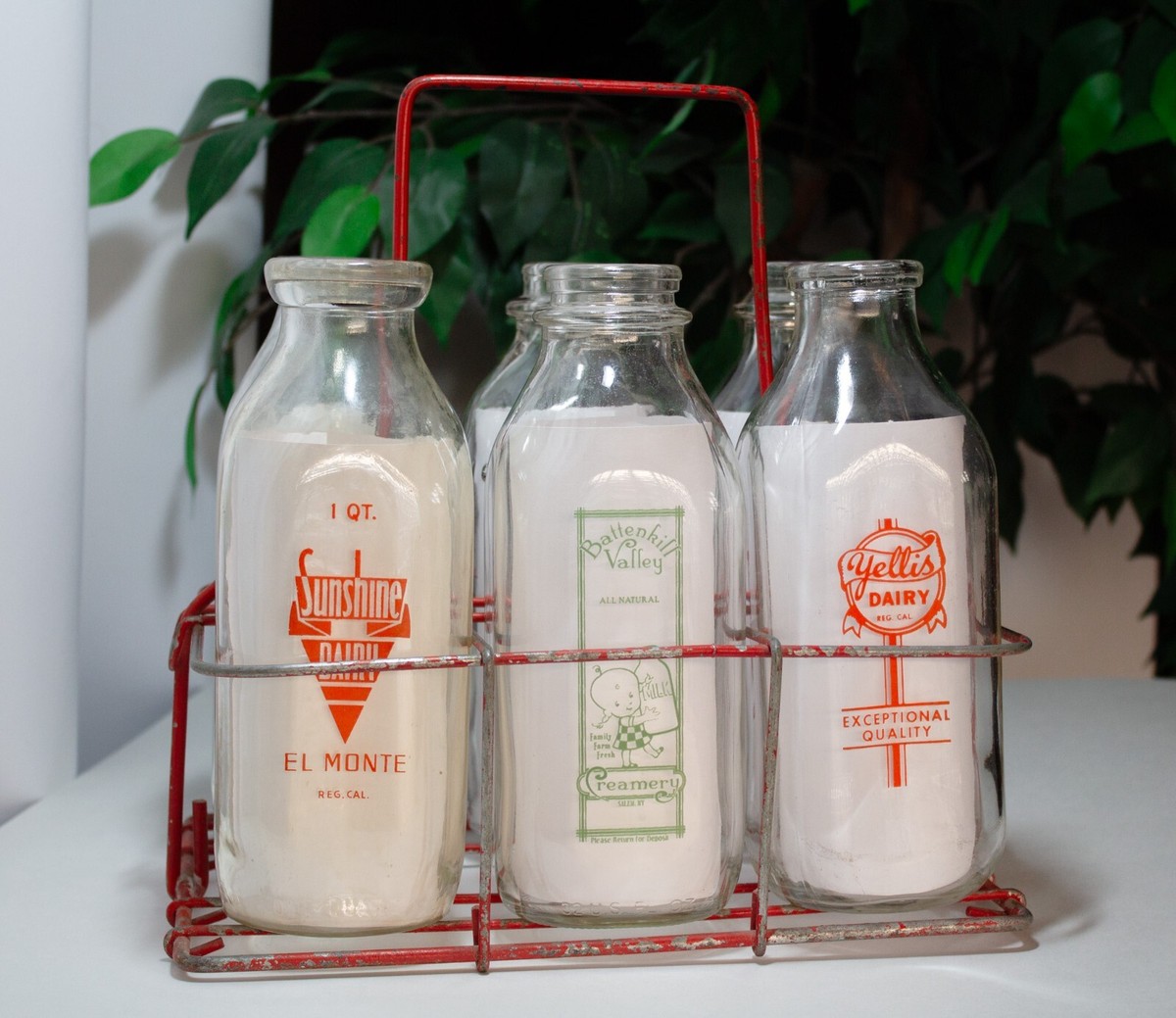 Vintage Milk Bottles With Red Metal Carrier | eBay