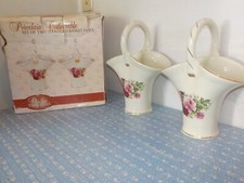 Vintage Classic Treasures Porcelain Basket Vases  Set Of 2 1980's  Roses